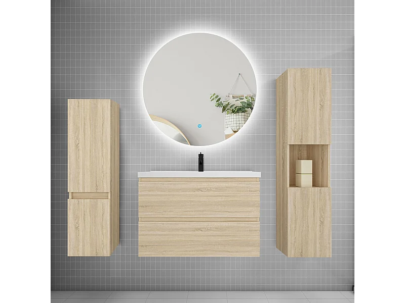 Ensemble meuble vasque L.80cm 2 tiroirs + lavabo + colonne + miroir rond mural 80cm,chêne