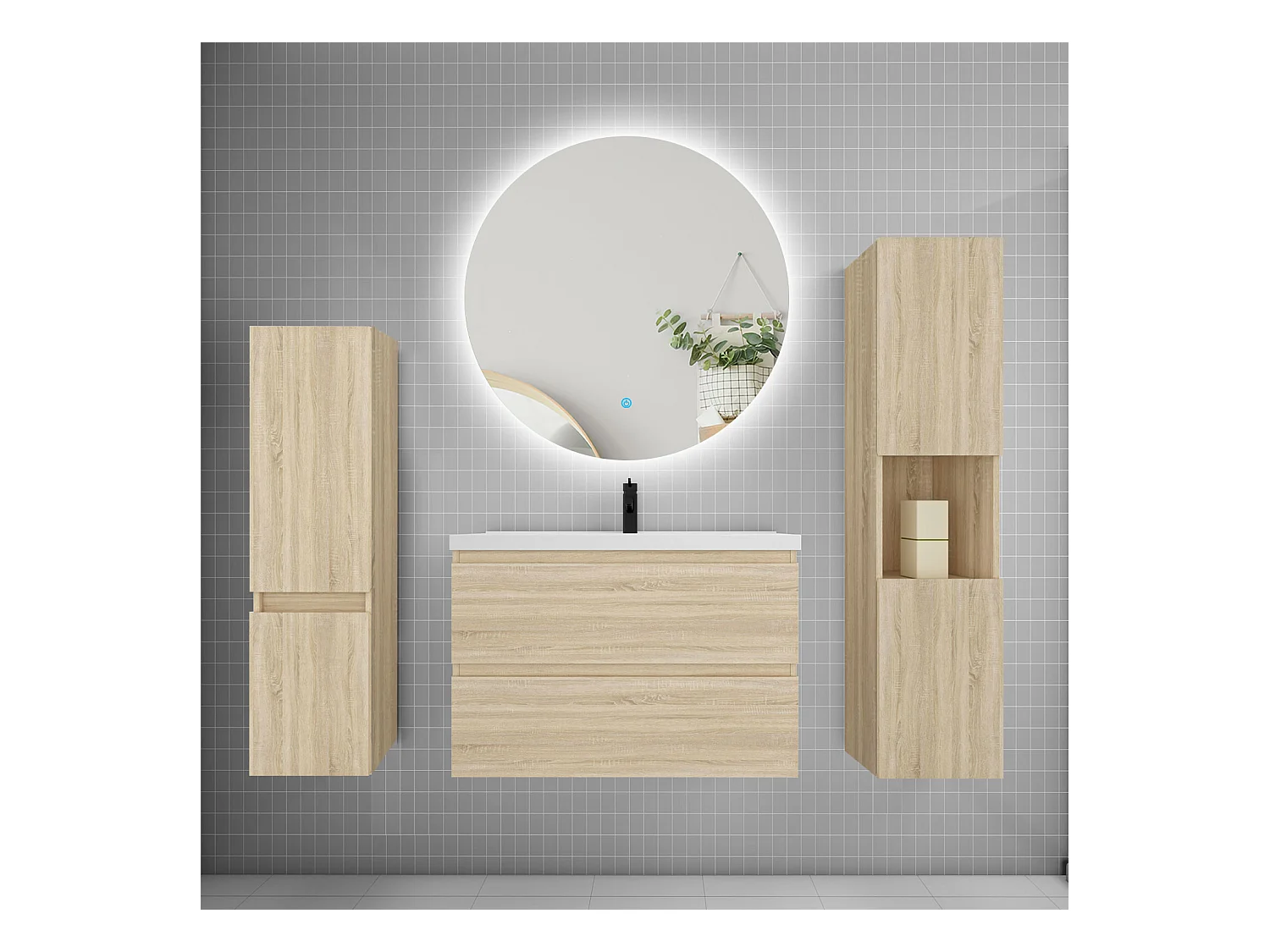 Ensemble meuble vasque L.80cm 2 tiroirs + lavabo + colonne + miroir rond mural 80cm,chêne