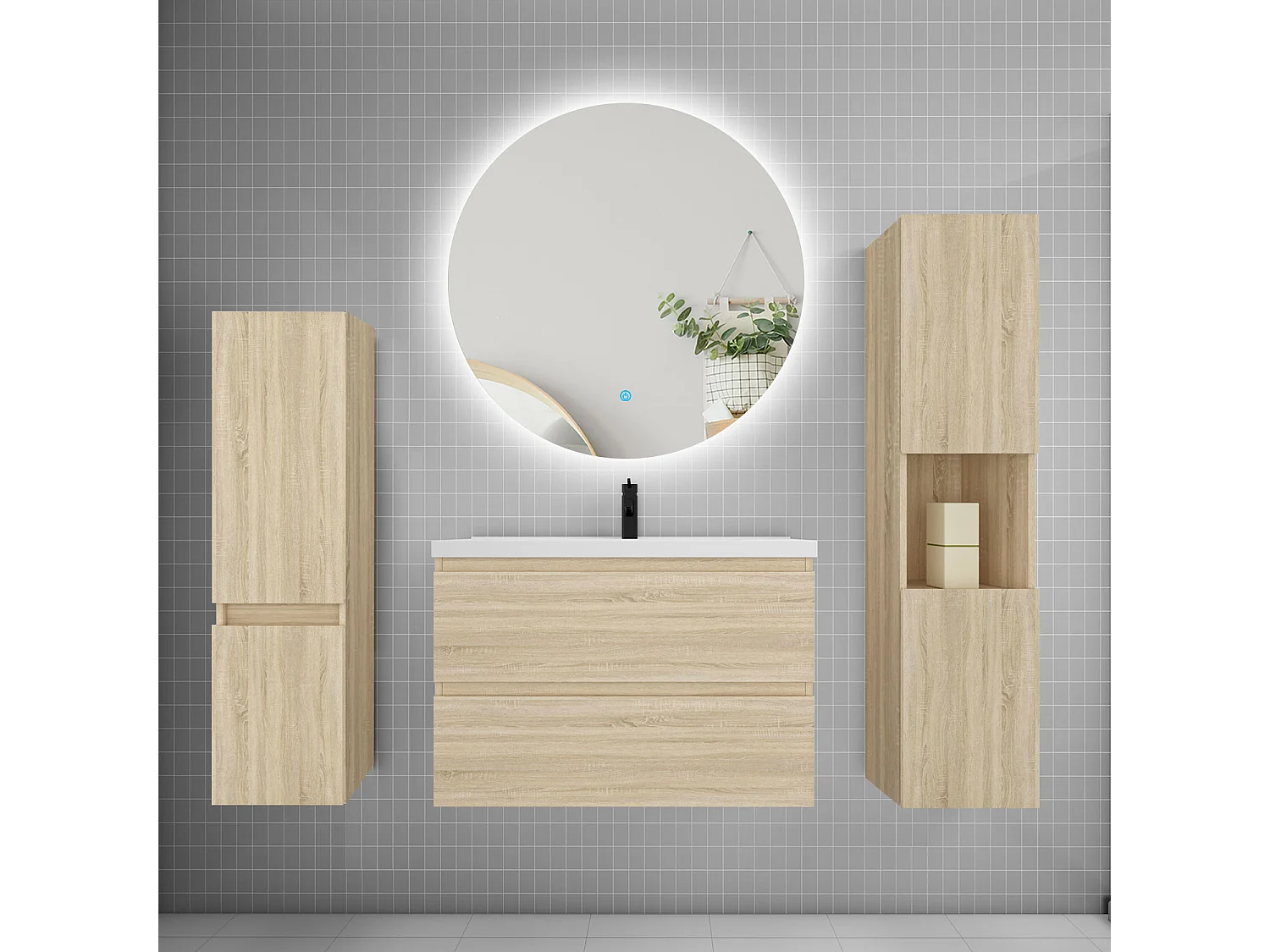 Ensemble meuble vasque L.80cm 2 tiroirs + lavabo + colonne + miroir rond mural 80cm,chêne