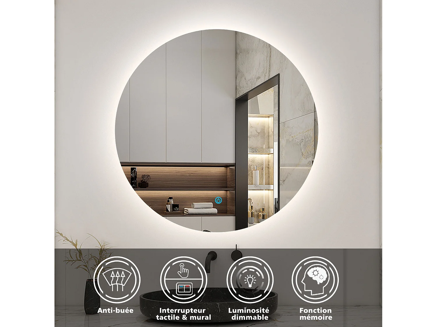 Ensemble meuble vasque L.80cm 2 tiroirs + lavabo + colonne + miroir rond mural 80cm,chêne