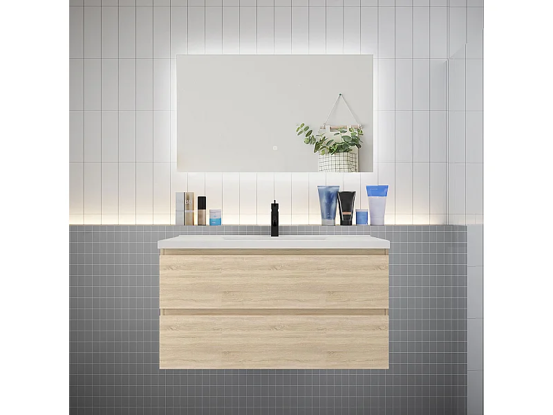 Ensemble meuble vasque L.100cm 2 tiroirs + lavabo + LED miroir 100cm,chêne