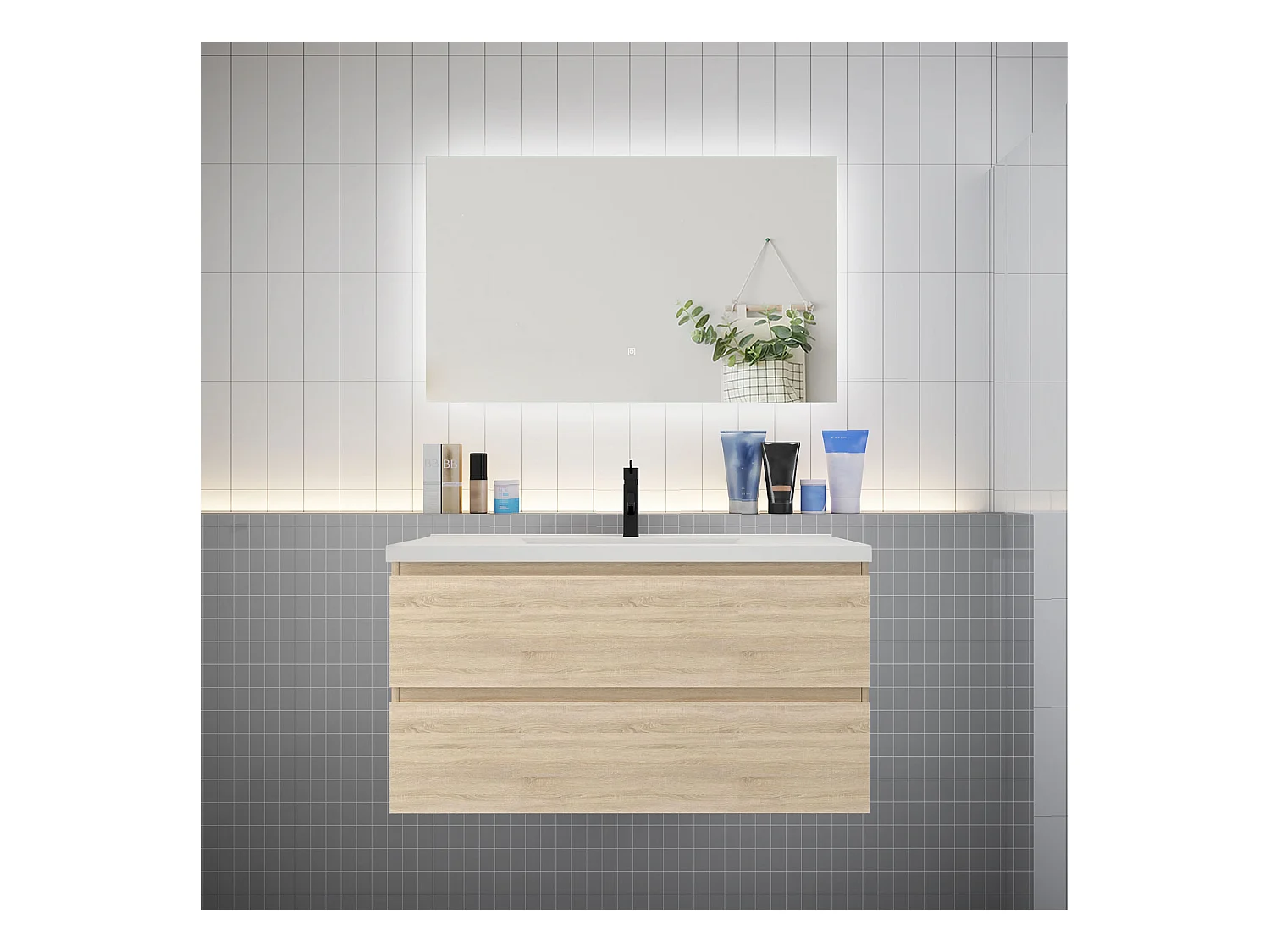 Ensemble meuble vasque L.100cm 2 tiroirs + lavabo + LED miroir 100cm,chêne