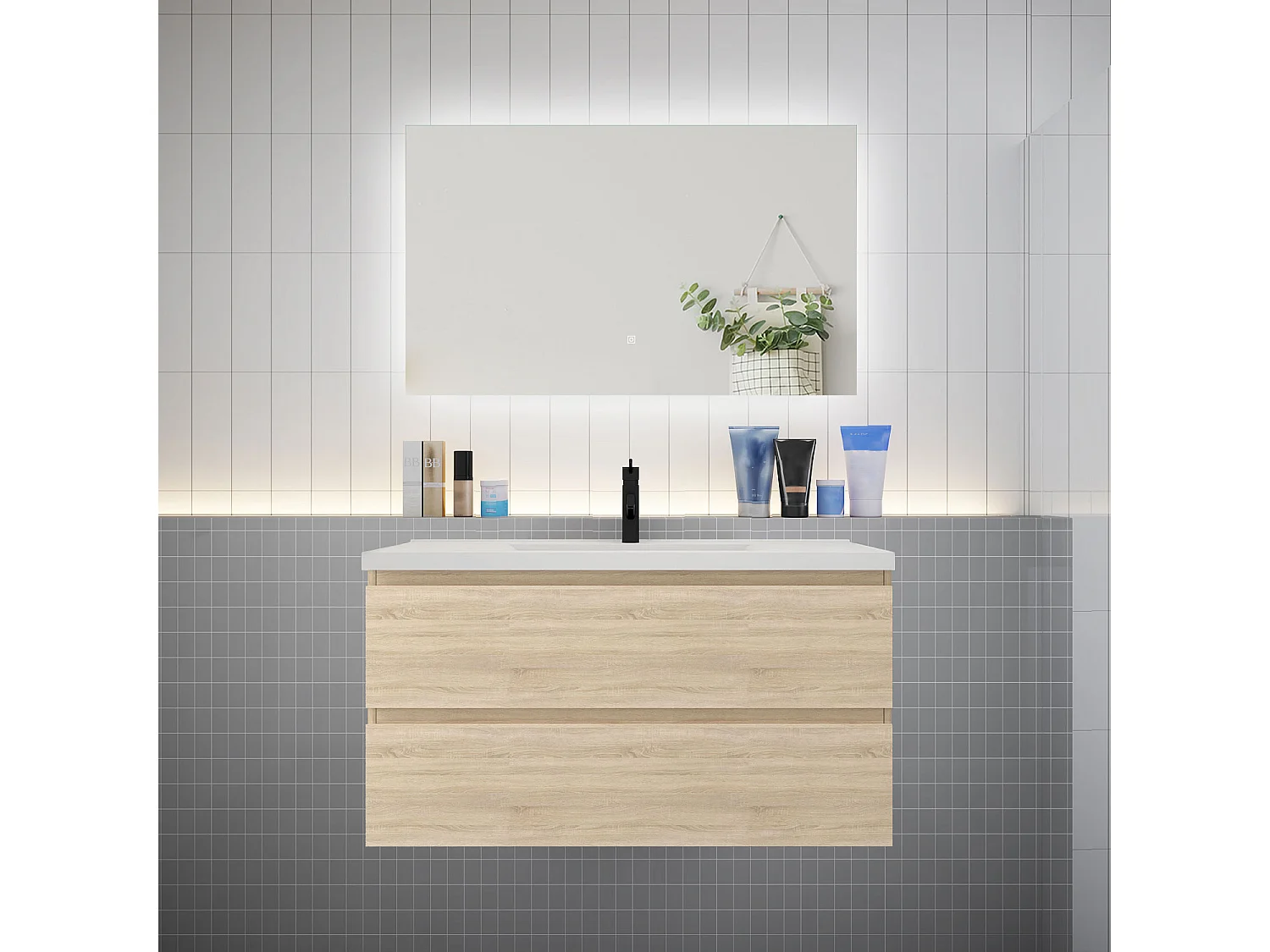 Ensemble meuble vasque L.100cm 2 tiroirs + lavabo + LED miroir 100cm,chêne