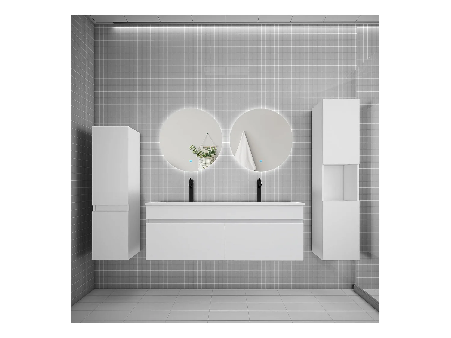 Ensemble meuble vasque L.120cm lavabo + colonne + miroir rond mural 60cm,blanc