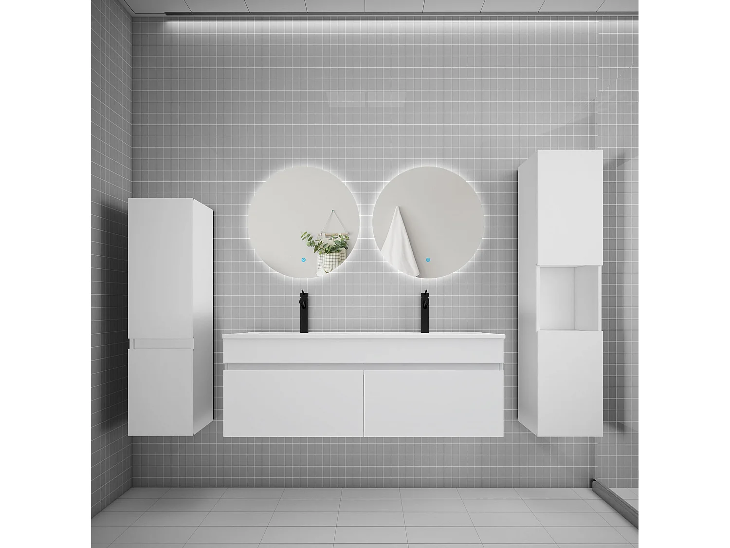 Ensemble meuble vasque L.120cm lavabo + colonne + miroir rond mural 60cm,blanc
