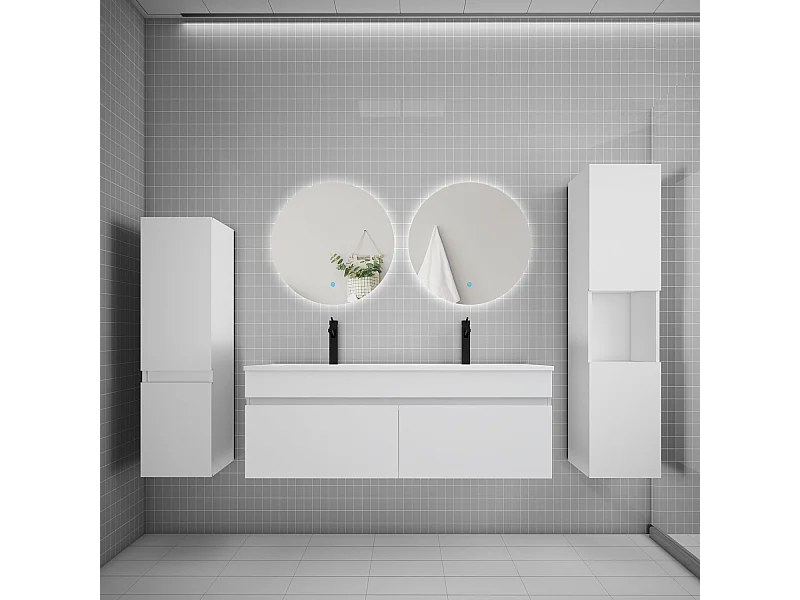 Ensemble meuble vasque L.120cm lavabo + colonne + miroir rond mural 60cm,blanc
