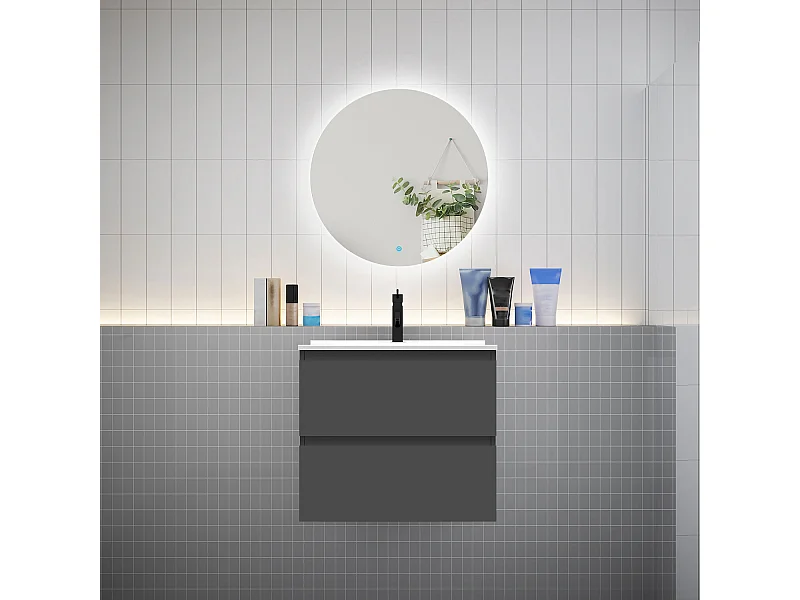 Ensemble meuble vasque L.60cm 2 tiroirs + lavabo + LED miroir rond 60cm,anthracite