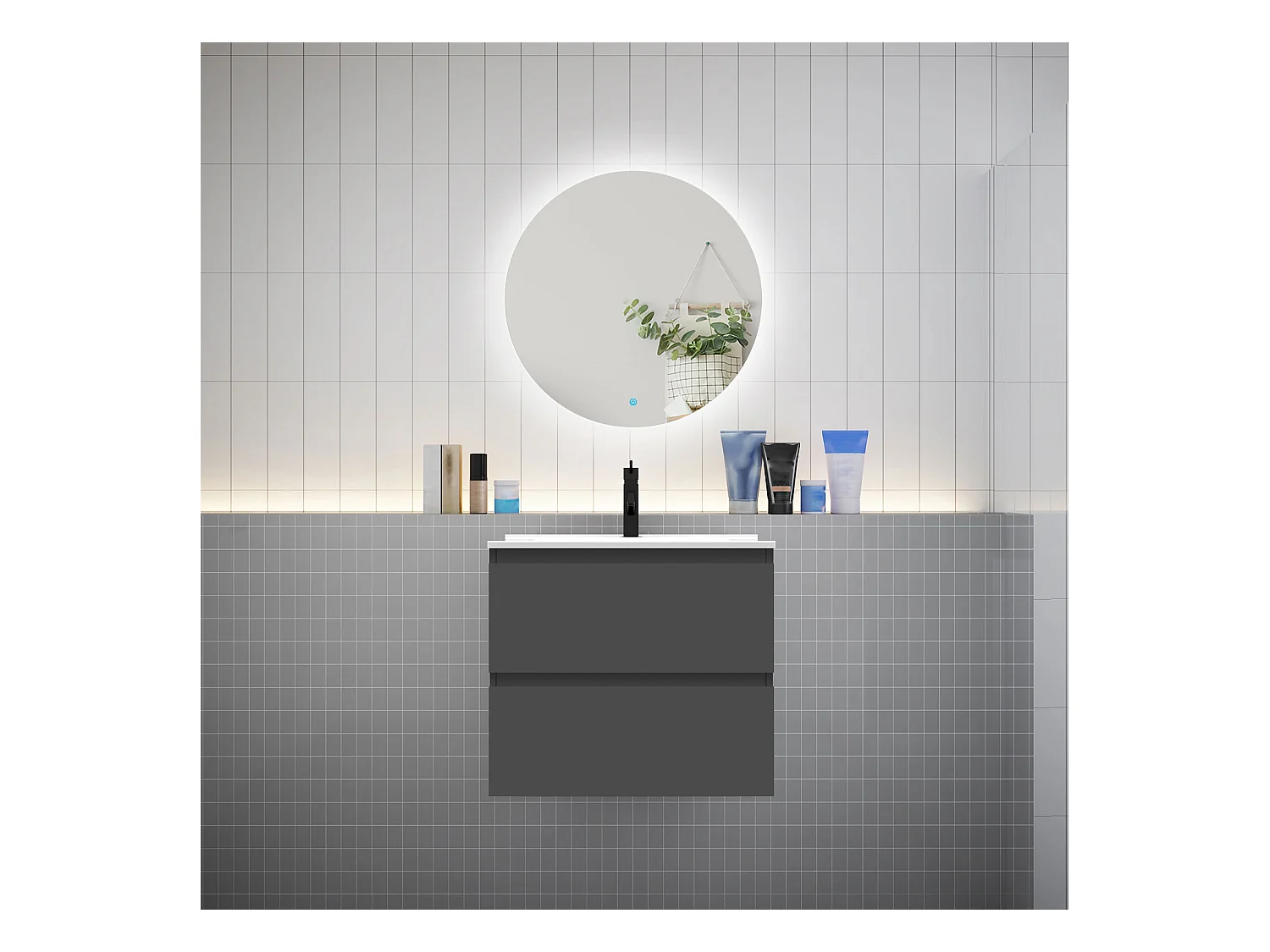 Ensemble meuble vasque L.60cm 2 tiroirs + lavabo + LED miroir rond 60cm,anthracite