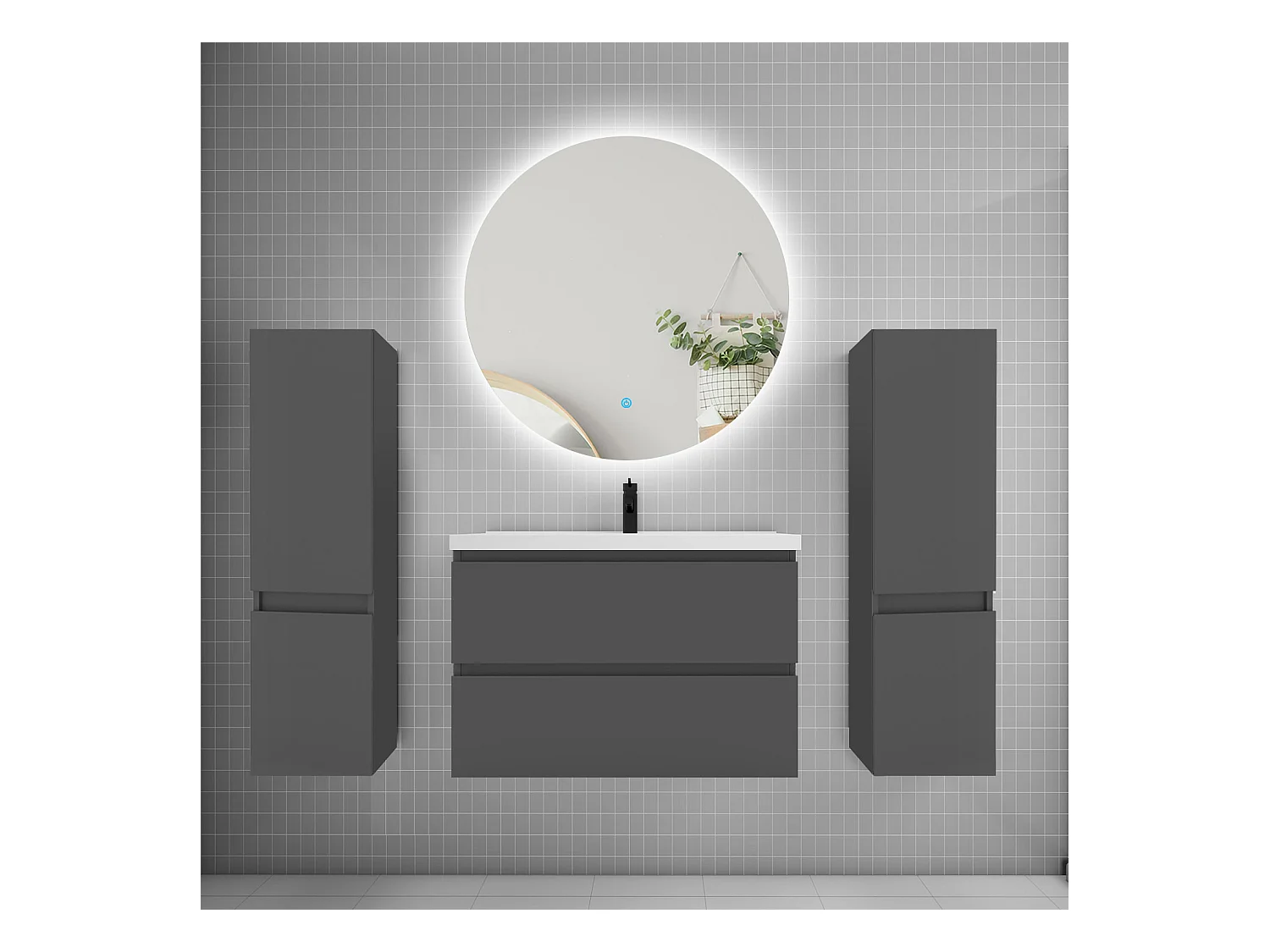 Ensemble meuble vasque L.80cm 2 tiroirs + lavabo + colonne + miroir rond 80cm,anthracite