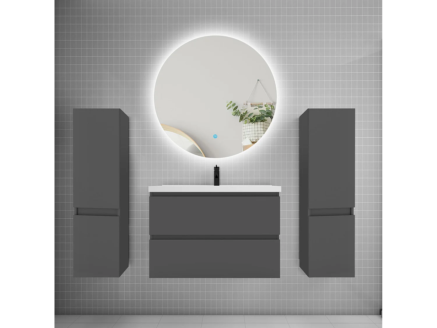Ensemble meuble vasque L.80cm 2 tiroirs + lavabo + colonne + miroir rond 80cm,anthracite