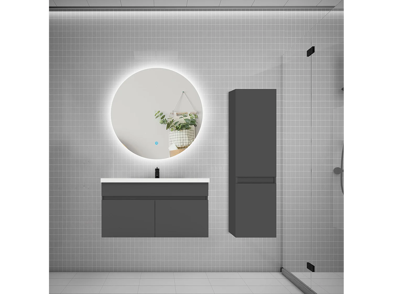 Ensemble meuble simple vasque 80cm lavabo + colonne + miroir rond,anthracite