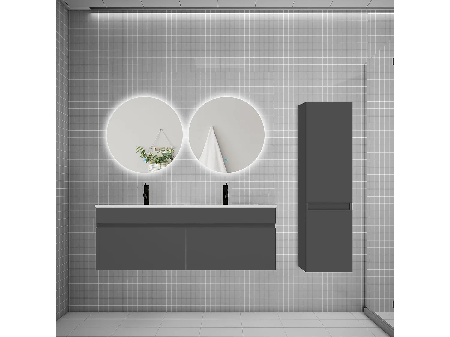 Ensemble meuble double vasque 120cm lavabo + colonne + miroir rond,anthracite