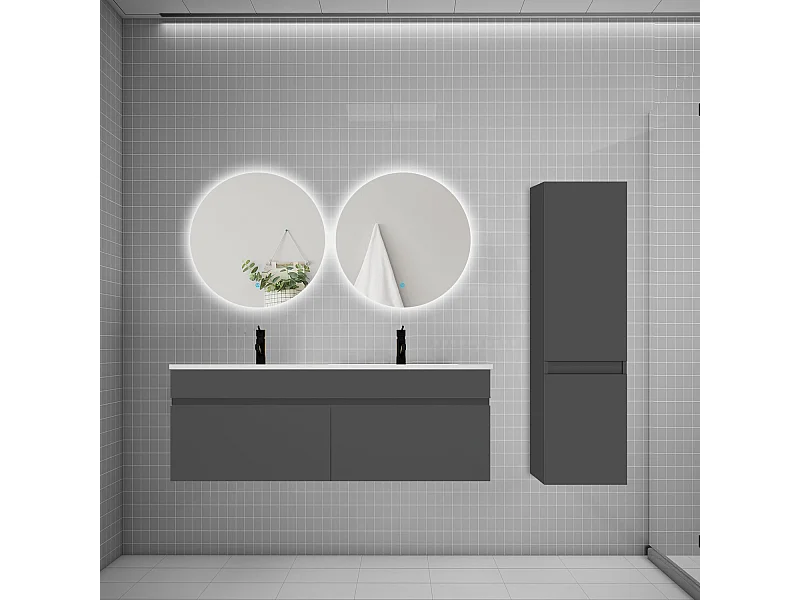 Ensemble meuble double vasque 120cm lavabo + colonne + miroir rond,anthracite