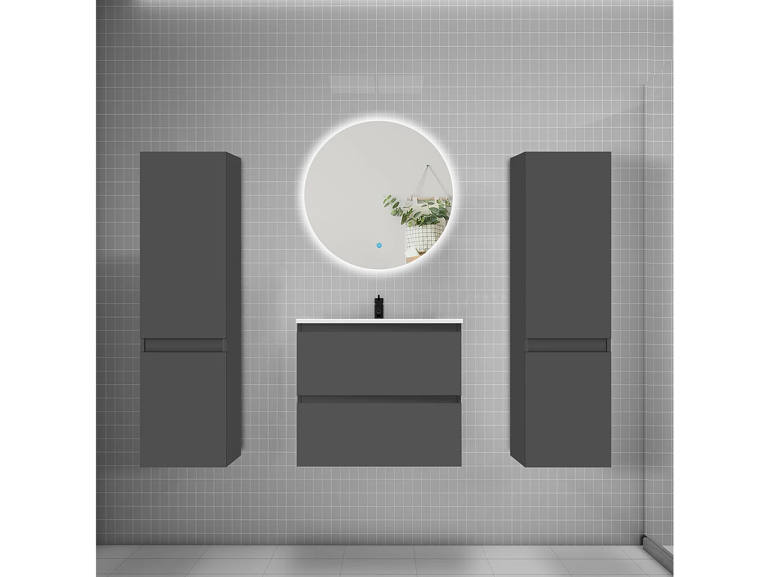 Ensemble meuble vasque L.60cm 2 tiroirs + lavabo + colonne + miroir rond 60cm,anthracite