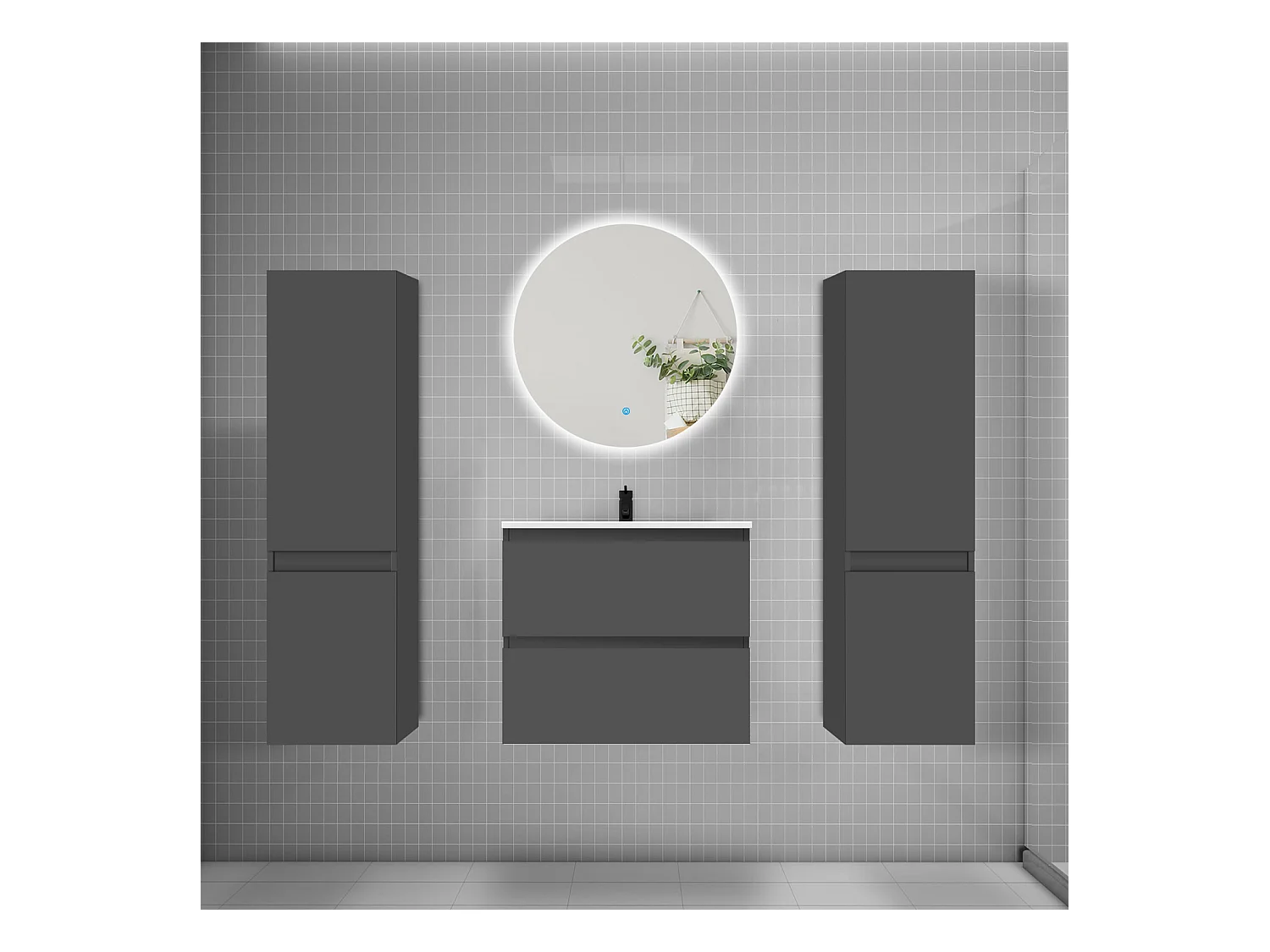 Ensemble meuble vasque L.60cm 2 tiroirs + lavabo + colonne + miroir rond 60cm,anthracite