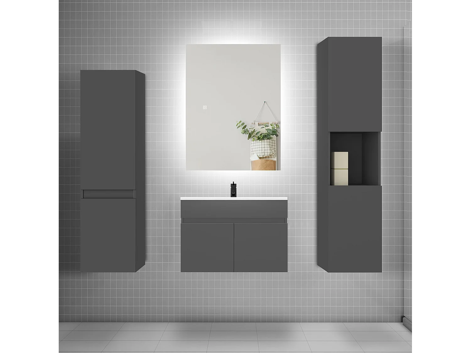 Ensemble meuble vasque L.60cm lavabo + colonne + miroir mural 60cm,anthracite
