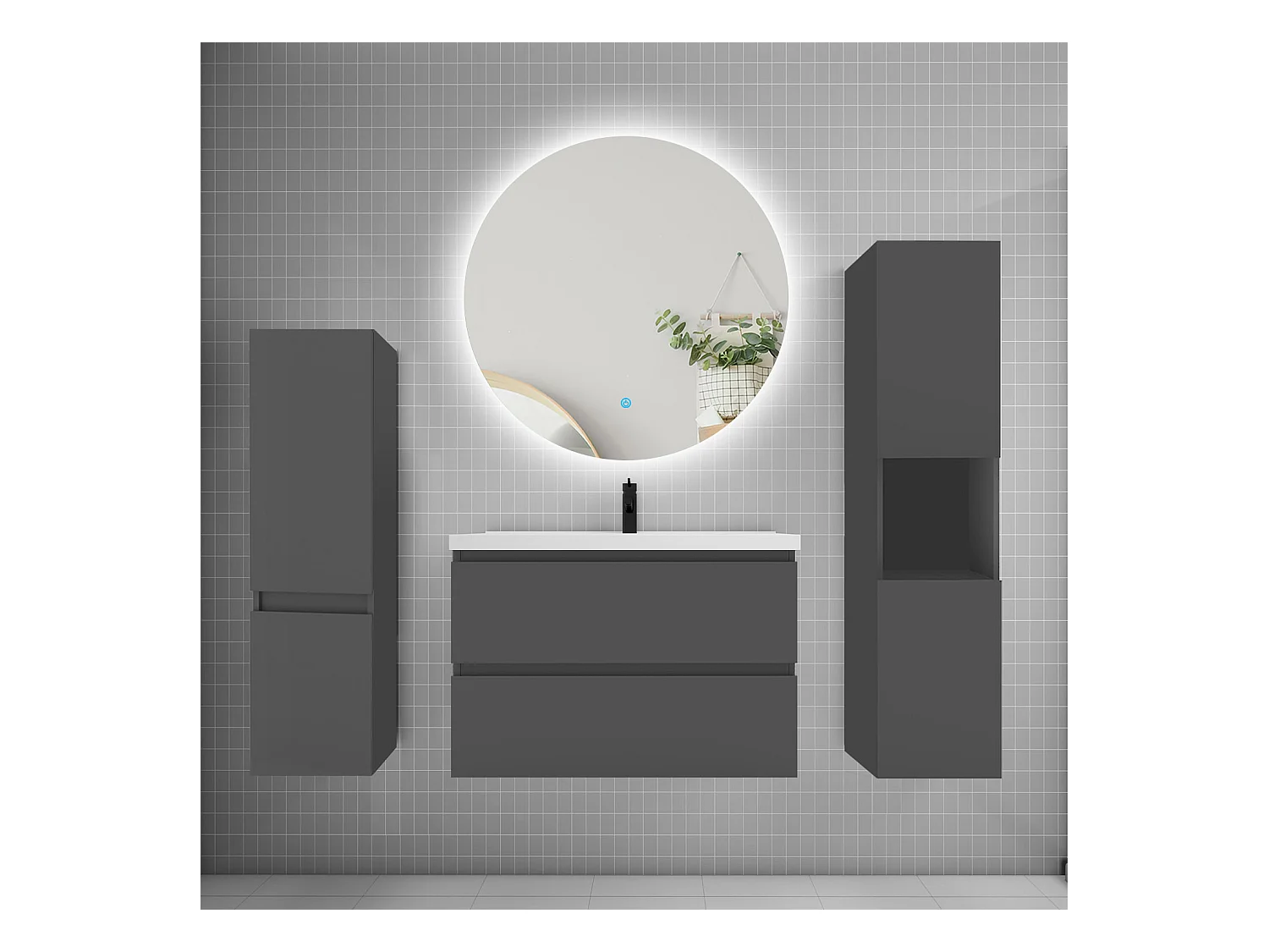 Ensemble meuble vasque L.80cm 2 tiroirs + lavabo + colonne + miroir rond mural 80cm,anthracite