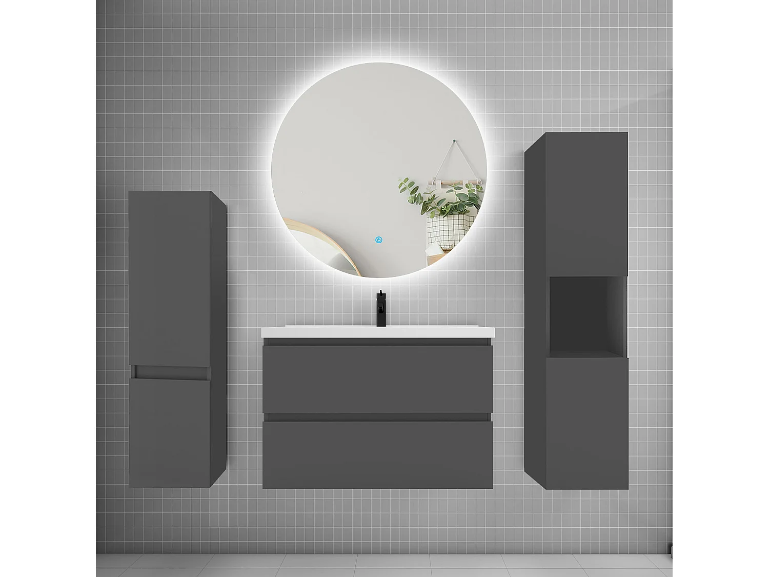 Ensemble meuble vasque L.80cm 2 tiroirs + lavabo + colonne + miroir rond mural 80cm,anthracite
