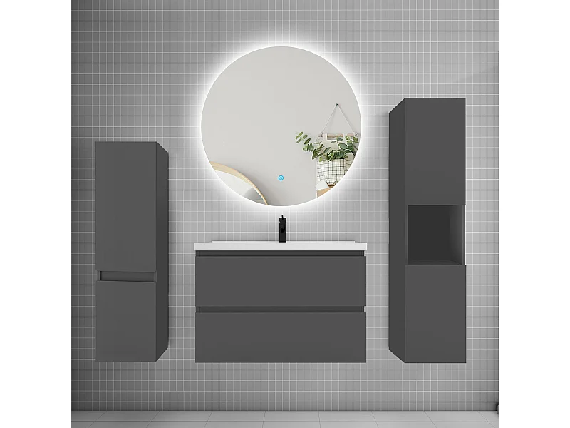 Ensemble meuble vasque L.80cm 2 tiroirs + lavabo + colonne + miroir rond mural 80cm,anthracite