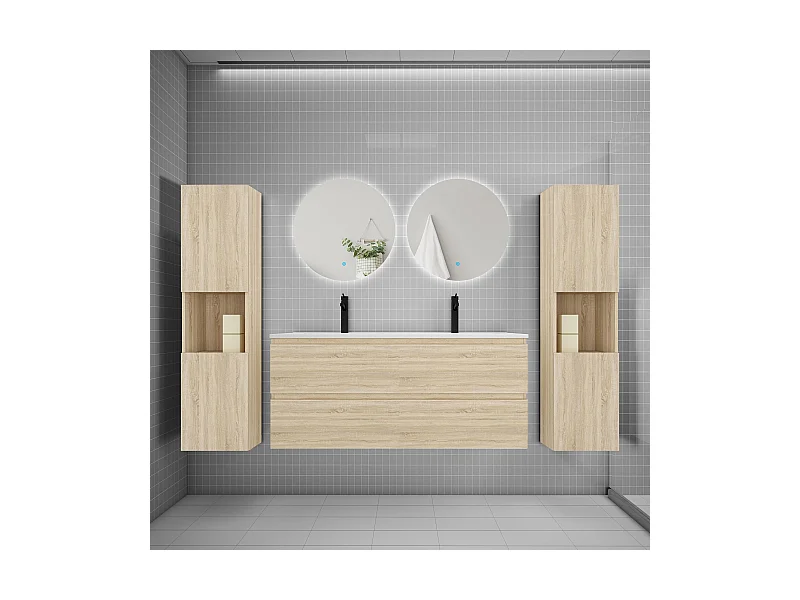 Ensemble meuble vasque L.120cm 2 tiroirs + lavabo + colonne + LED miroir rond 60cm,chêne