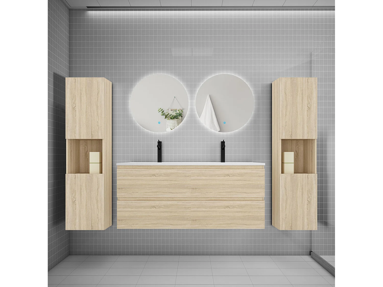 Ensemble meuble vasque L.120cm 2 tiroirs + lavabo + colonne + LED miroir rond 60cm,chêne