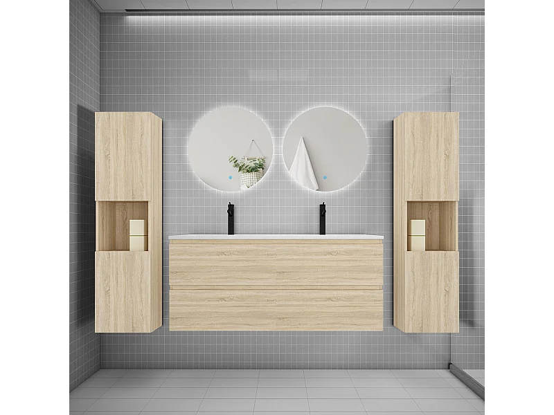 Ensemble meuble vasque L.120cm 2 tiroirs + lavabo + colonne + LED miroir rond 60cm,chêne