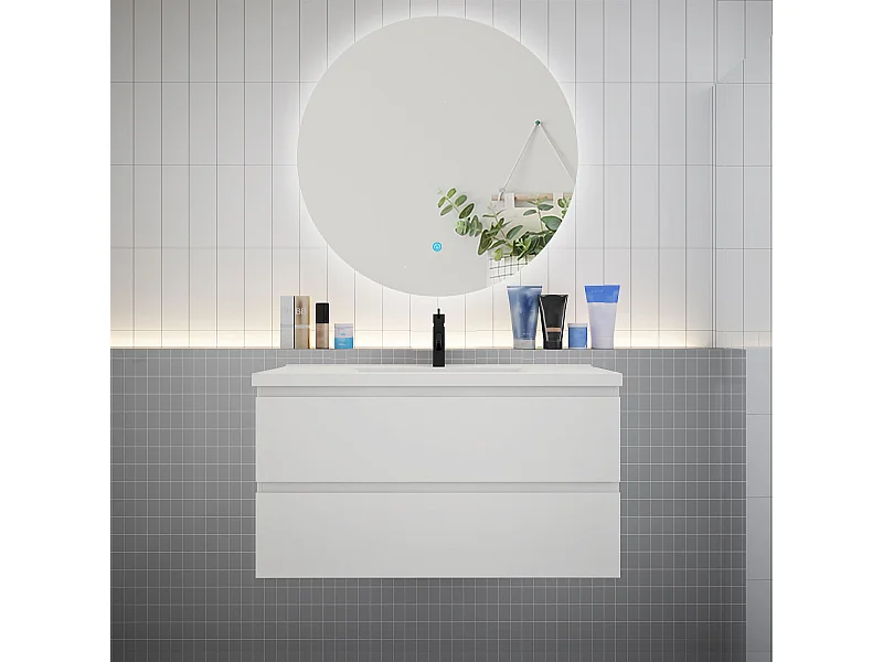 Ensemble meuble vasque L.100cm 2 tiroirs + lavabo + LED miroir rond 100cm,blanc