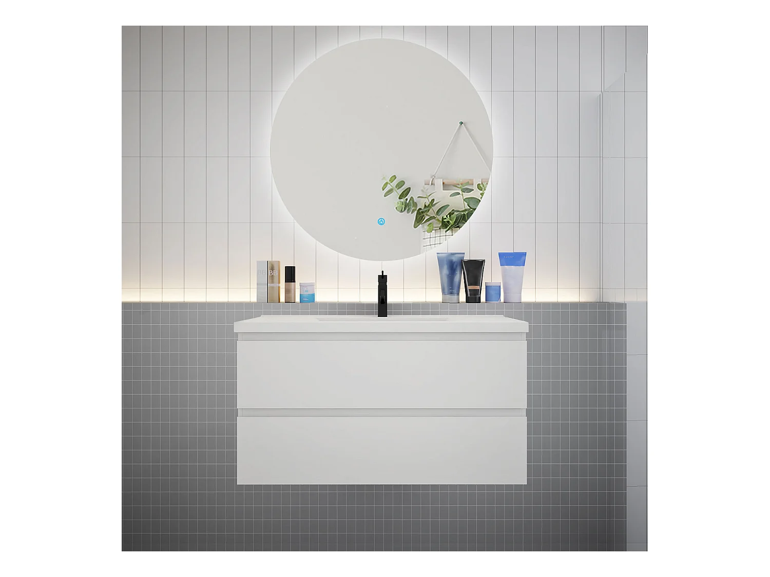 Ensemble meuble vasque L.100cm 2 tiroirs + lavabo + LED miroir rond 100cm,blanc