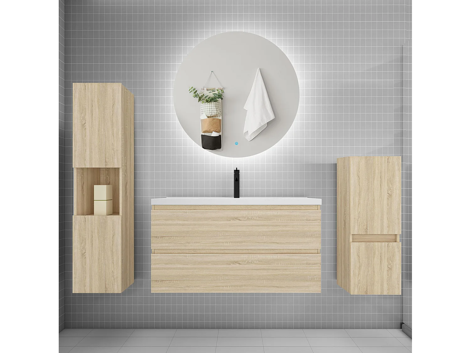 Ensemble meuble vasque L.100cm 2 tiroirs + lavabo + colonne + miroir rond,chêne