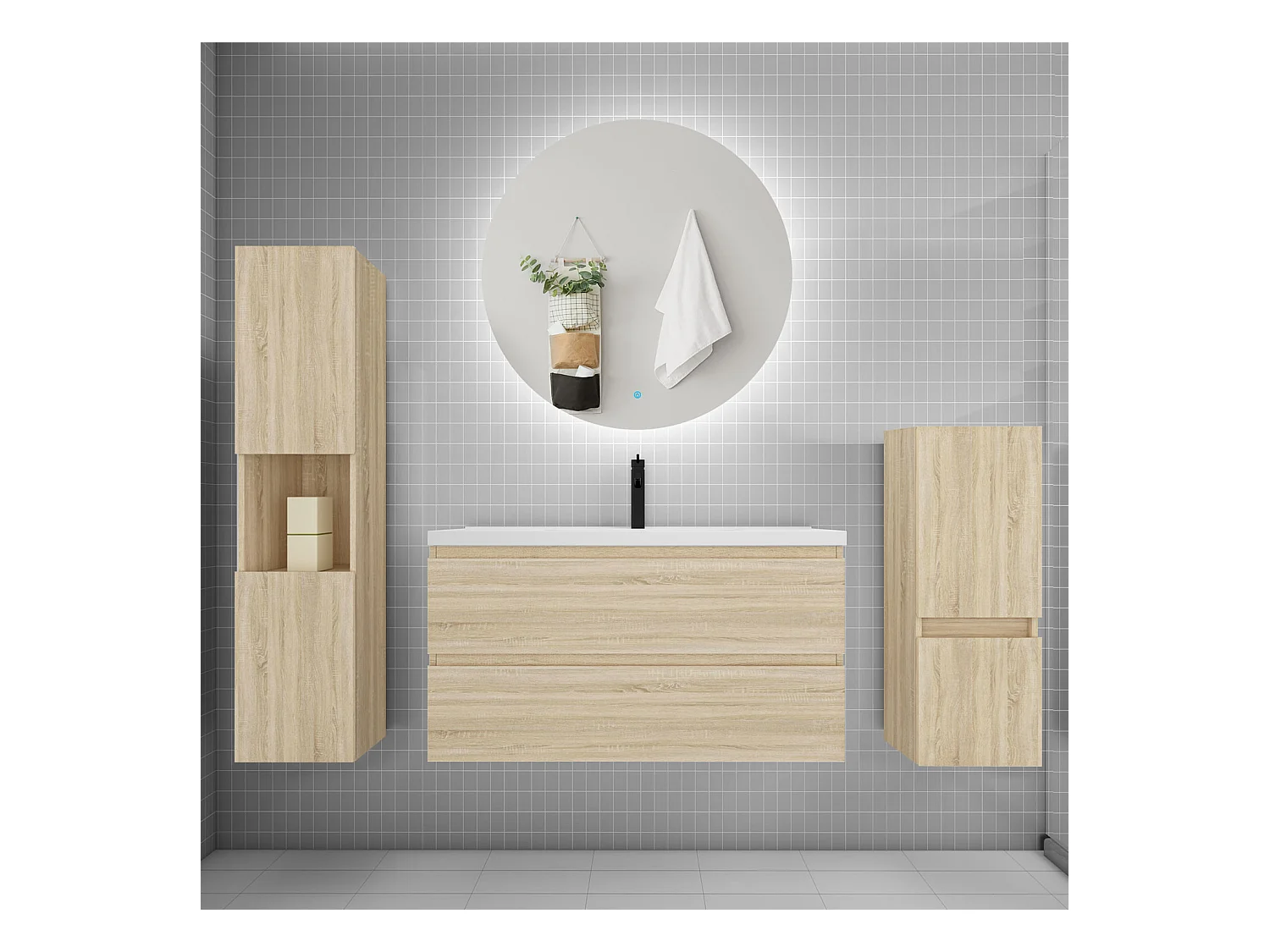 Ensemble meuble vasque L.100cm 2 tiroirs + lavabo + colonne + miroir rond,chêne
