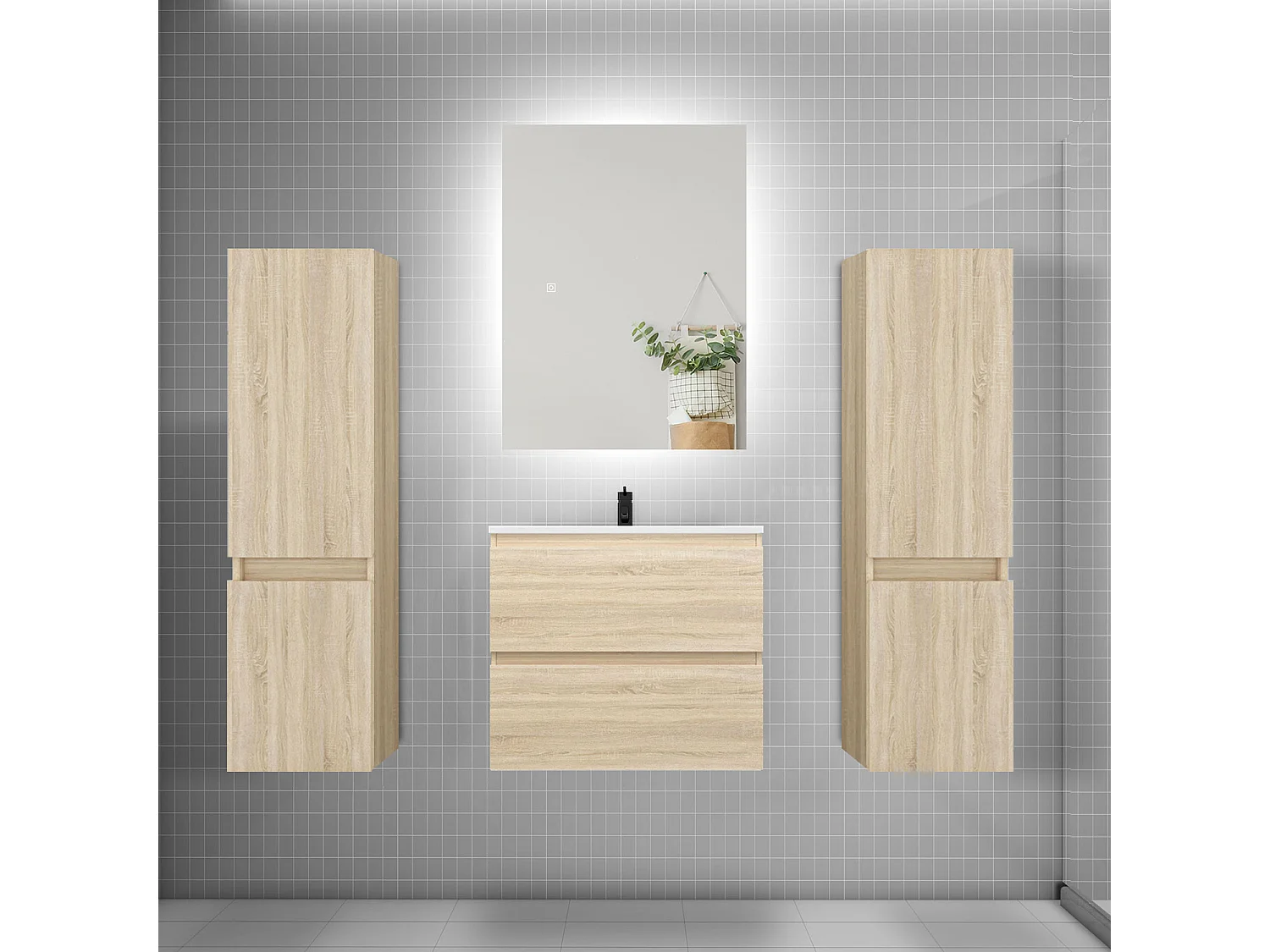 Ensemble meuble vasque L.60cm 2 tiroirs + lavabo + colonne + miroir 60cm,chêne