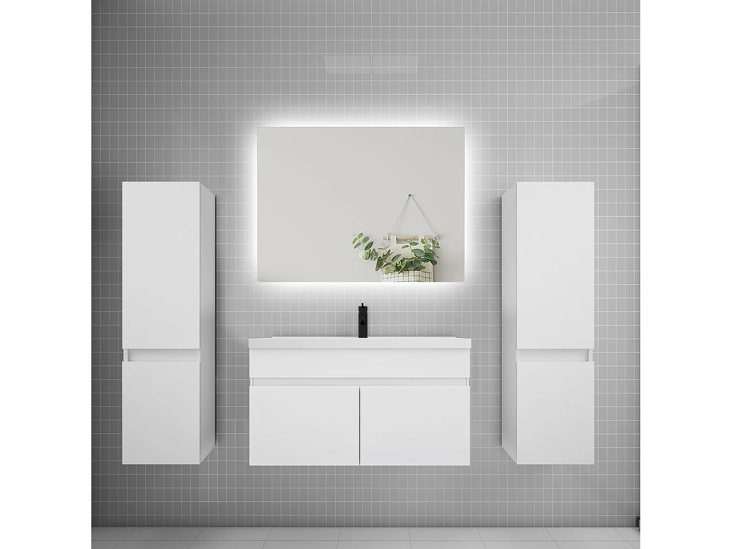 Ensemble meuble vasque L.80cm lavabo + colonne + miroir 80cm,blanc