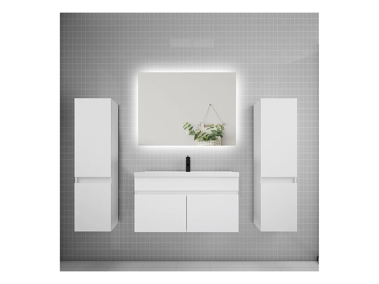 Ensemble meuble vasque L.80cm lavabo + colonne + miroir 80cm,blanc