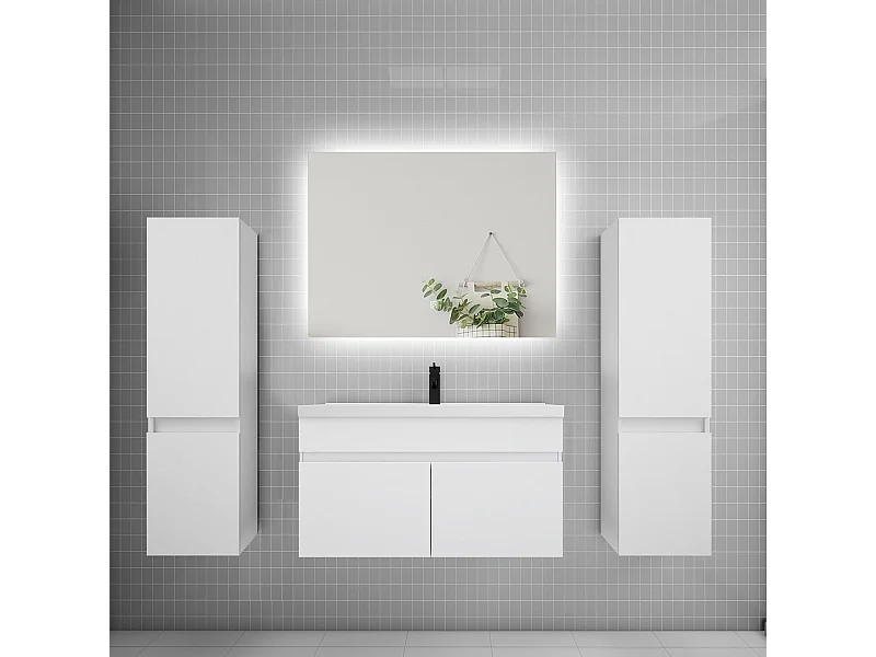 Ensemble meuble vasque L.80cm lavabo + colonne + miroir 80cm,blanc