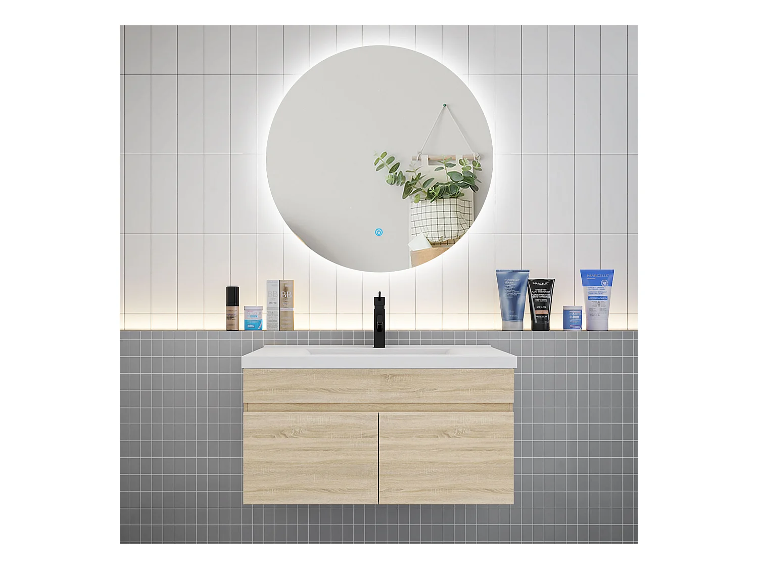 Ensemble meuble vasque L.80cm lavabo + LED miroir rond 80cm,chêne