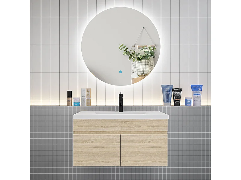 Ensemble meuble vasque L.80cm lavabo + LED miroir rond 80cm,chêne