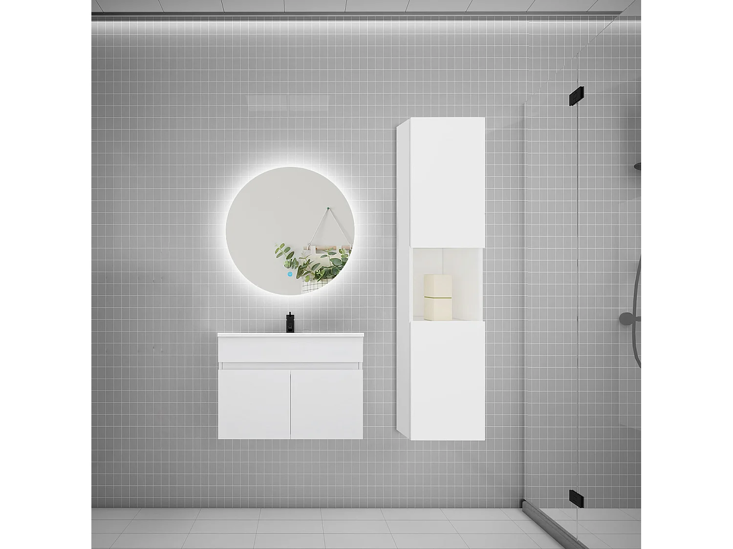 Ensemble meuble vasque 60cm lavabo + colonne + miroir rond,blanc