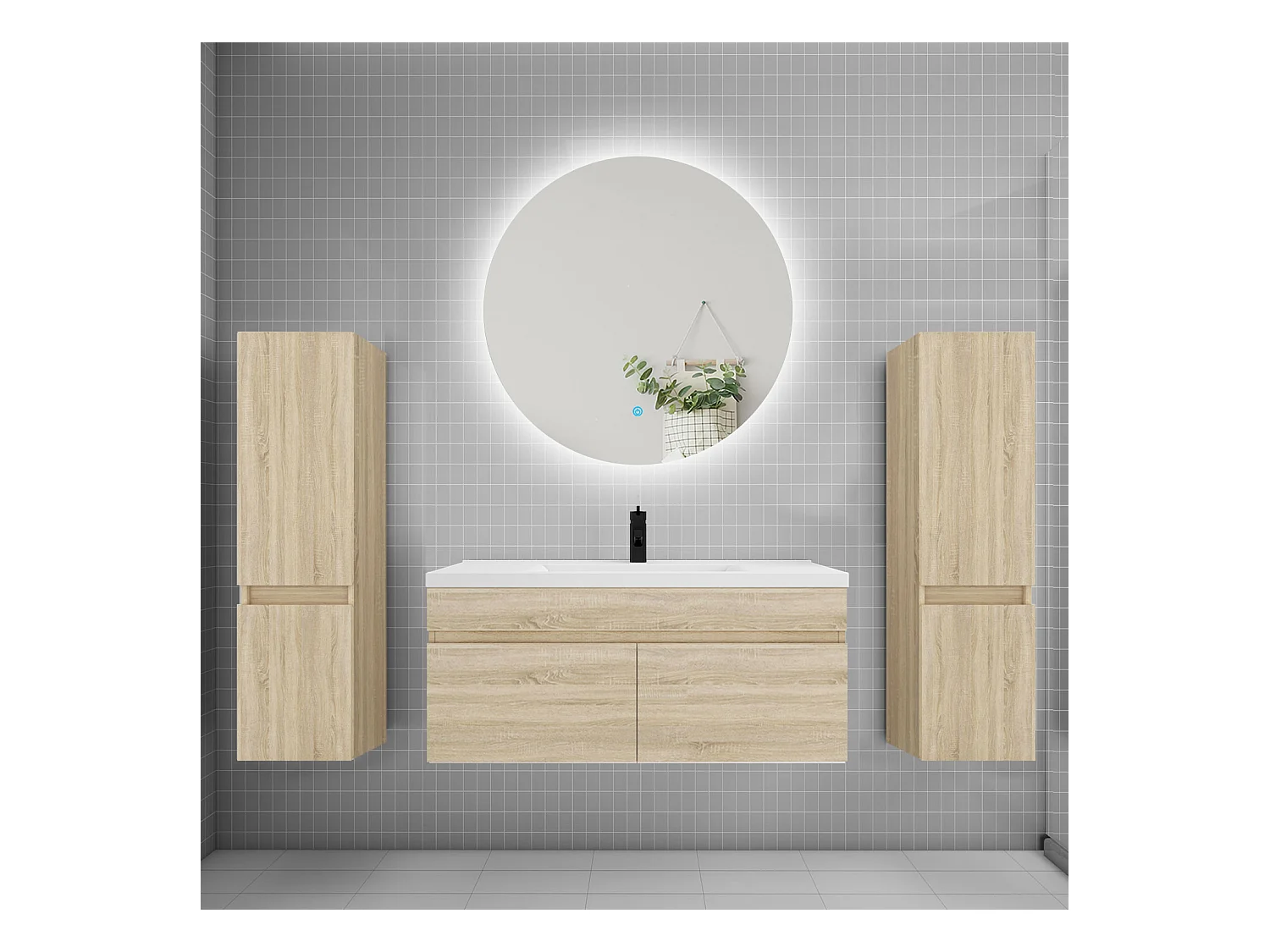Ensemble meuble vasque L.100cm lavabo + colonne + miroir rond 100cm,chêne