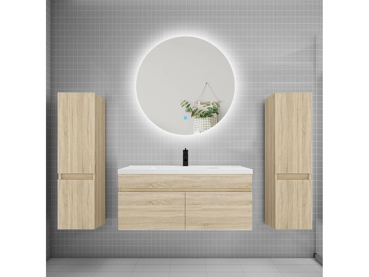 Ensemble meuble vasque L.100cm lavabo + colonne + miroir rond 100cm,chêne