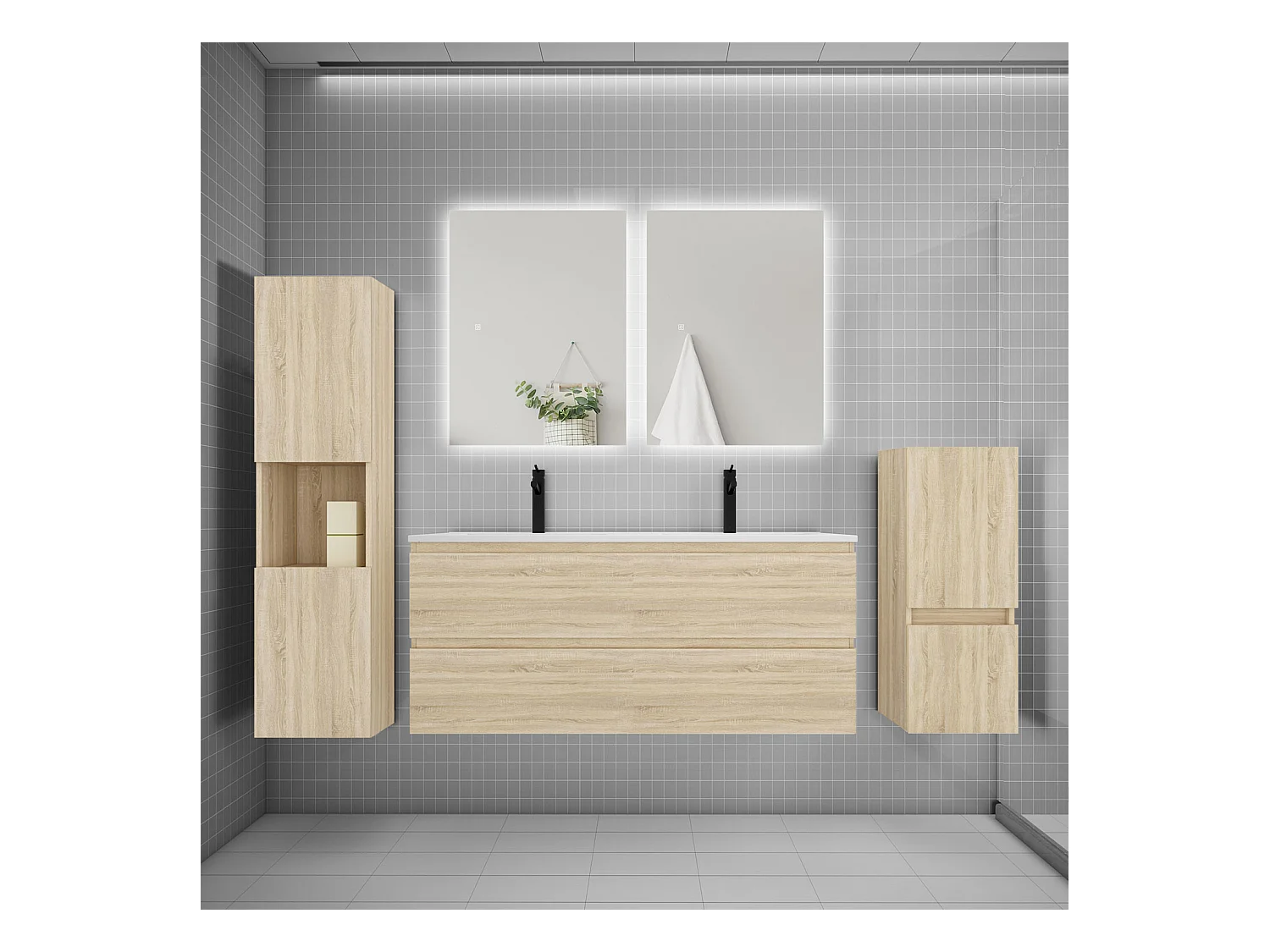 Ensemble meuble vasque L.120cm 2 tiroirs + lavabo + colonne + miroir,chêne