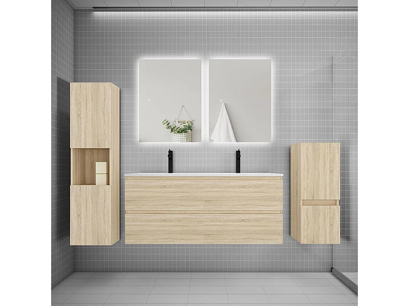 Ensemble meuble vasque L.120cm 2 tiroirs + lavabo + colonne + miroir,chêne