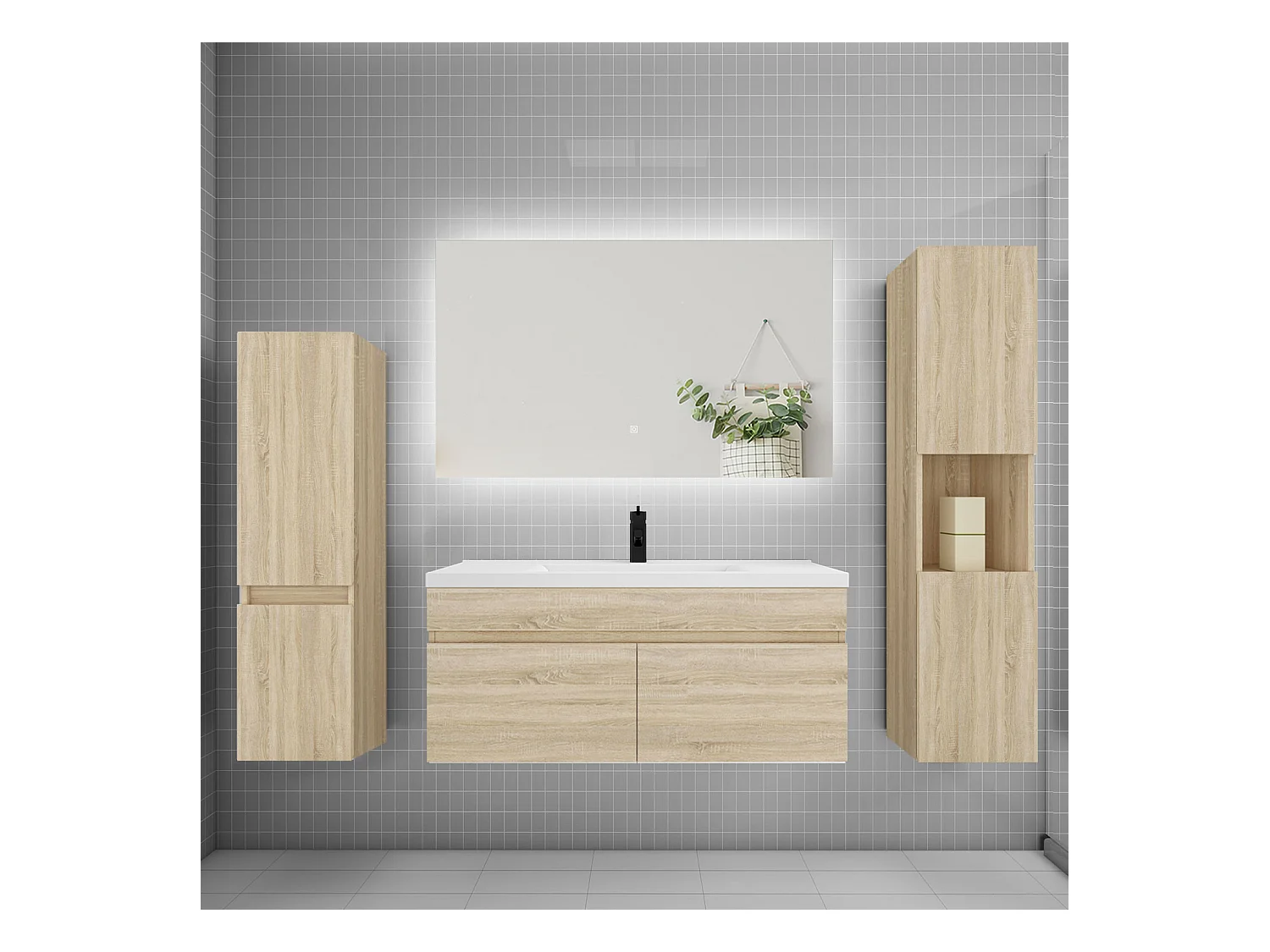 Ensemble meuble vasque L.100cm lavabo + colonne + miroir mural 100cm,chêne