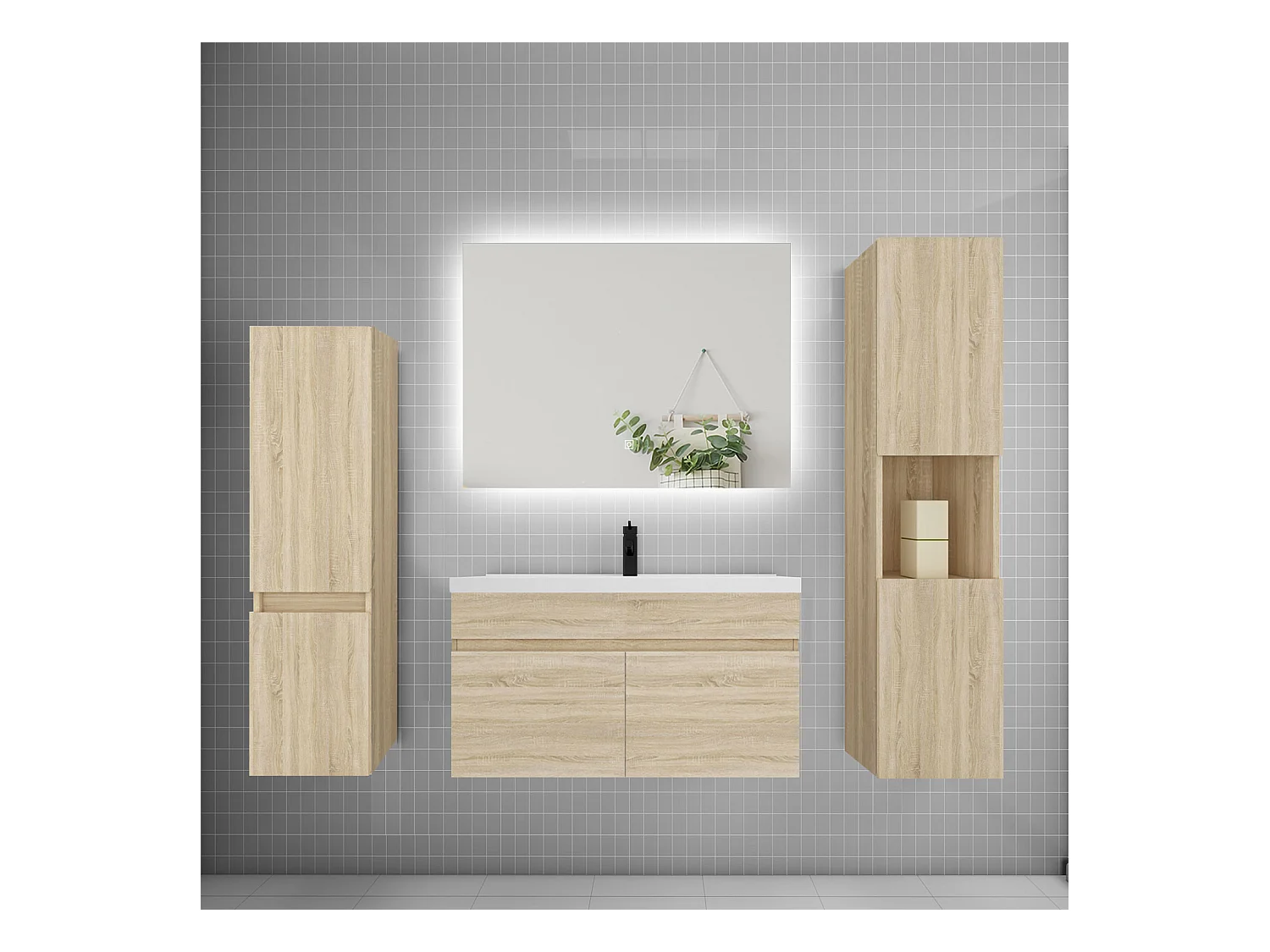 Ensemble meuble vasque L.80cm lavabo + colonne + miroir mural 80cm,chêne