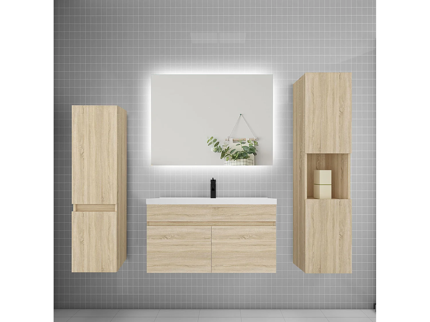 Ensemble meuble vasque L.80cm lavabo + colonne + miroir mural 80cm,chêne