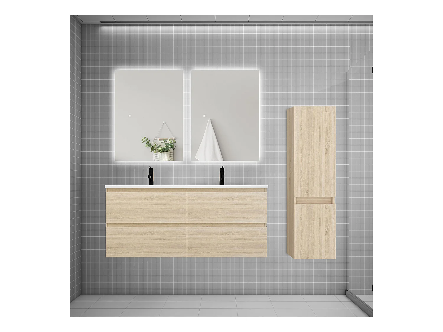 Ensemble meuble double vasque 120cm 2 tiroirs + lavabo + colonne + miroir,chêne
