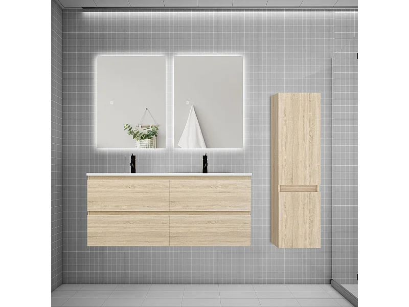 Ensemble meuble double vasque 120cm 2 tiroirs + lavabo + colonne + miroir,chêne