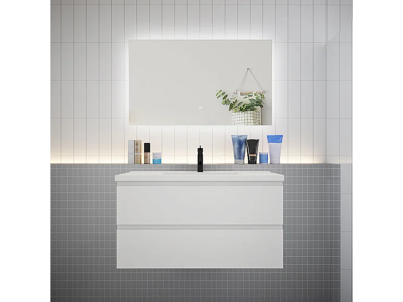 Ensemble meuble vasque L.100cm 2 tiroirs + lavabo + LED miroir 100cm,blanc
