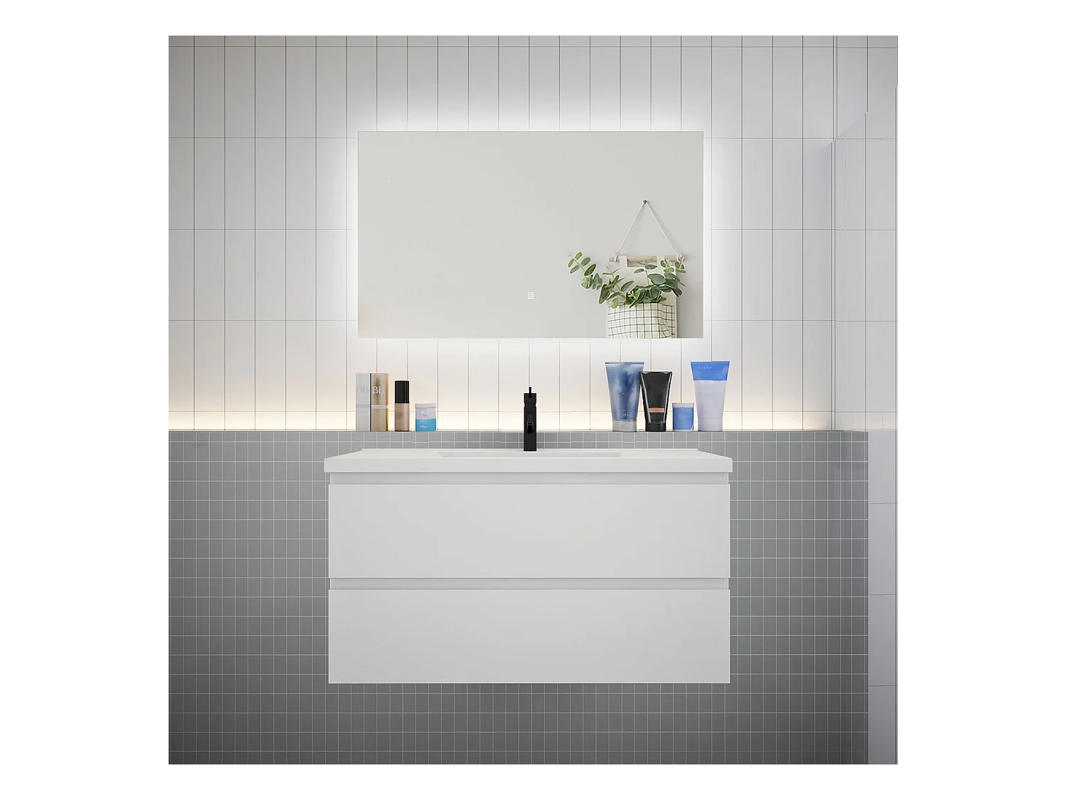 Ensemble meuble vasque L.100cm 2 tiroirs + lavabo + LED miroir 100cm,blanc