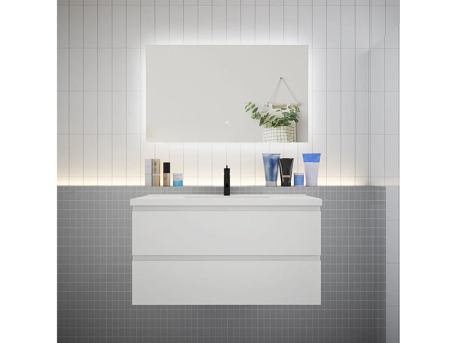 Ensemble meuble vasque L.100cm 2 tiroirs + lavabo + LED miroir 100cm,blanc