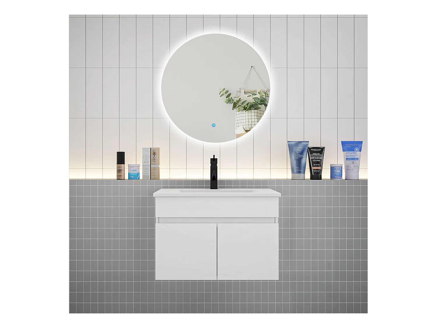 Ensemble meuble vasque L.60cm lavabo + LED miroir rond 60cm,blanc